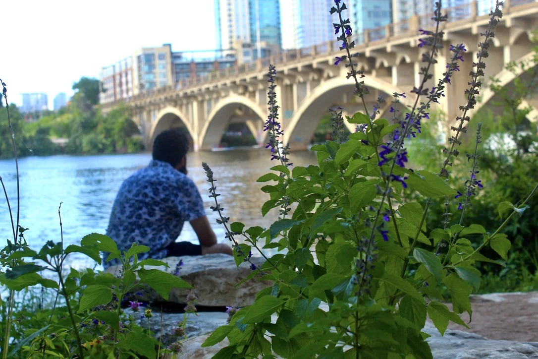 A visitor pausing by the water near a stone bridge, framed by purple salvia blooms